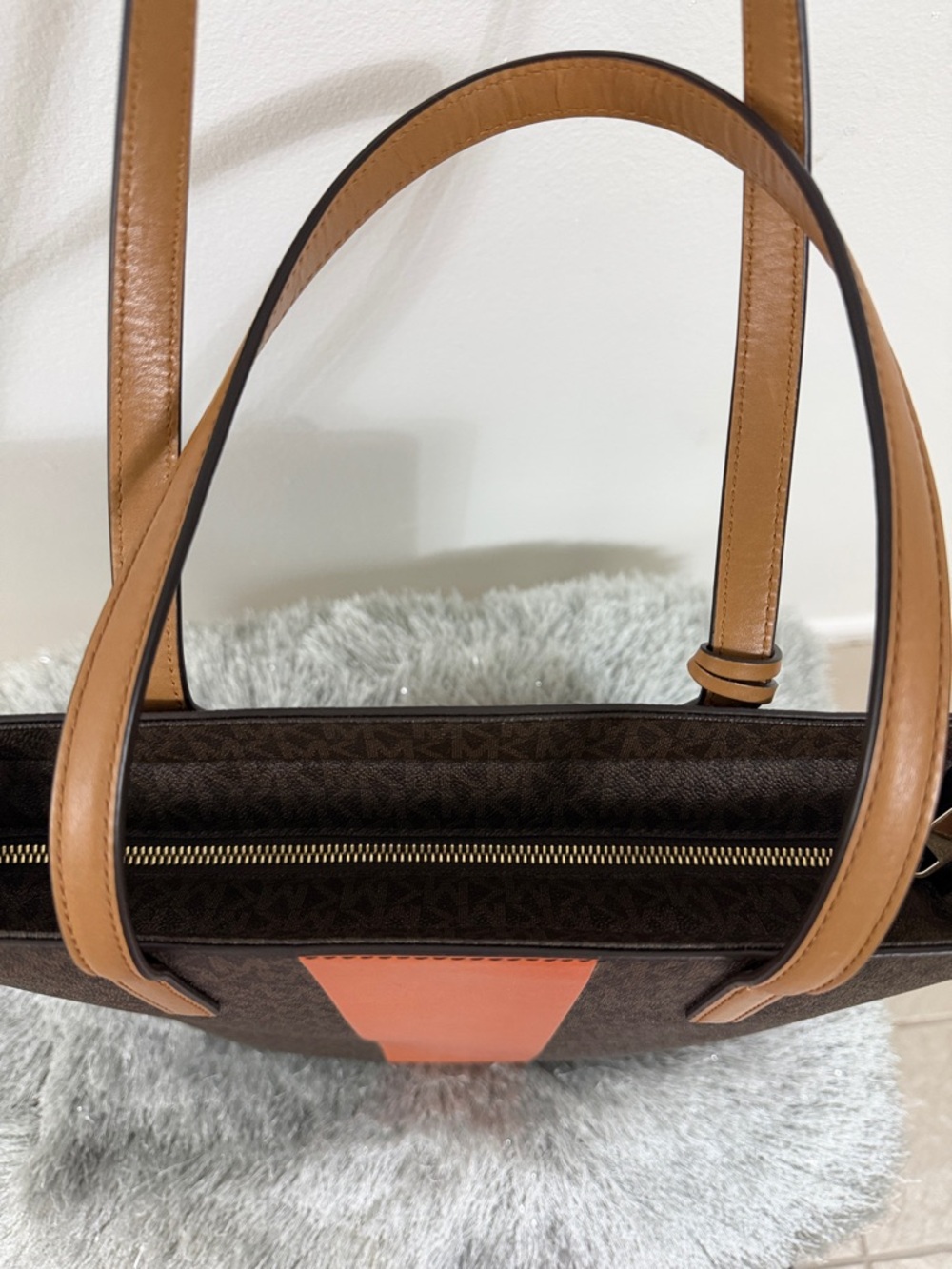 Michael Kors Brown and Orange Monogram Vertical Stripe Tote - Picture 4 of 5